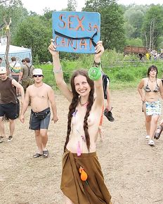 Russian girls are having fun at the bardic festival in the forest
