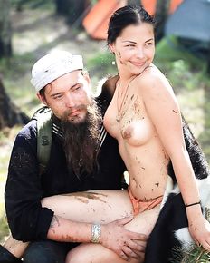 Russian girls are having fun at the bardic festival in the forest