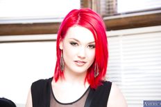 Frisky redhead sweetie revealing her amazingly big melons and trimmed slit