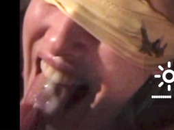 Obedient loser wife's first-ever trussed facial cumshot...Jizm surprise