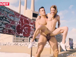 Ultra-Cute, nubile black-haired is fellating a firm prick in a public place and getting drilled great