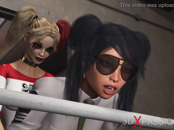 G/g hookup with strap dildo. Harley Quinn plays with a chick jail officer in the jail