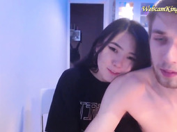 Diminutive chinese teenage chilling with milky dude on web cam