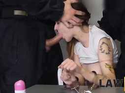 Puny boobed woman is yelling from gusto while cops are plumbing her tighter than anyone else