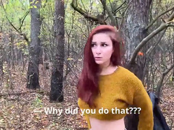 Crimson haired honey is getting romped from behind, in the woods, after throating a stranger's manstick