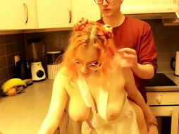 Hefty Emo Bra-Stuffers Juggling In Kitchen