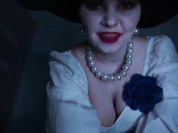 Dame Dimitrescu is deep throating her paramour's dick while getting down on all fours on the floor the way he enjoys