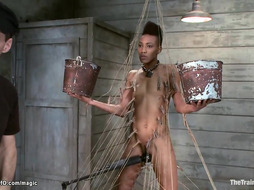 Ebony trainee in web of zippers (Nyrobi Knight, Nikki Darling, Niki Dominick, Nyrobi Knights)