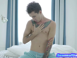 Lean twink wanking cock and toying tight ass after showing