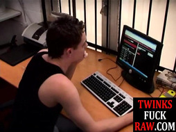 Oral pleased twink breeded in threesome until spraying jizz