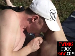 Slim amateurs fellatio and rimming threesome outdoors