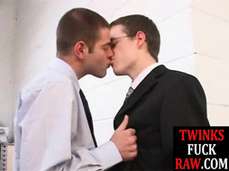 Skinny office nerd barebacked for cumshot after giving bj