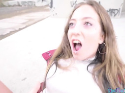 Public POV outdoor sex of slutty pantyhose teen for finances