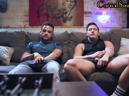 Gay stud duo with inked bodies enjoy rimming n barebacking