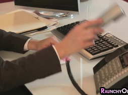 Office babes in lingerie share 1 cock and jizz in 3way