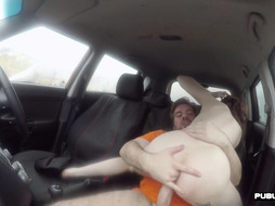 Tattooed medium tits babe fucked in car by instructor