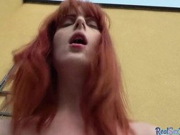 POV redhead babe fucked outdoor on public place 4cash