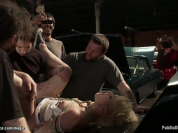 Bound blonde ass fucked in public