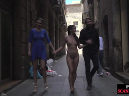 Public naked babe walks outdoor to satisfy mistress n master