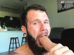 Bearded tattoo stud dildoing ass and jerking for jizz