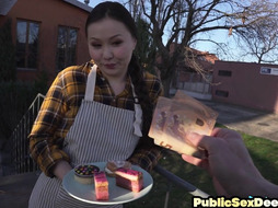 Public dirty Asian bae drilled in POV by big white cock