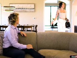 Pissed off brunette dominating her guy