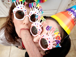Stepmom and stepaunt birthday blowjob