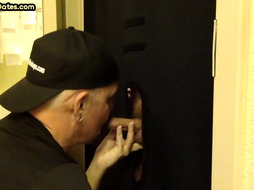 Gloryhole gay shows sucking skills while jerking dick