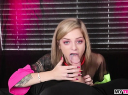 Teasing POV CFNM babe with tattoos and piercings sucks cock