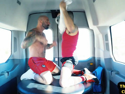 Hairy bottom fisted and fucked by tattooed gaydaddy in van