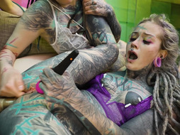 Two tattooed girls get ass fucked by a big dick