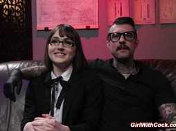 Shemale deep throats tattooed cock to her master