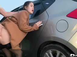 Picked up babe gets fucked by the car