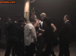 Public BDSM slut throat and pussyfucked for perv voyeurs