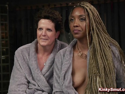 Cougar tied and fucked by lezdom