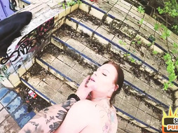 Public POV fucked tattooed slut rides cock of sex date guy