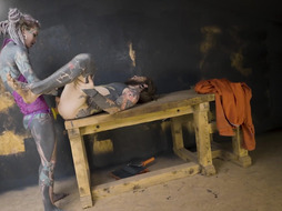 Alt dominatrix pegging tattooed worker