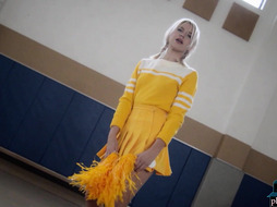 Petite blonde MILF cheerleader stripping