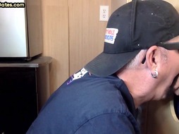 Gloryhole gaydaddy opens his greedy mouth for penis