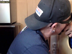 Gloryhole real DILF takes cock deep in his greedy mouth