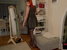 Redhead British voyeur lingerie babe teases man till cum