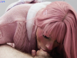 Pink hair and college uniform femboi fucked in skinny ass