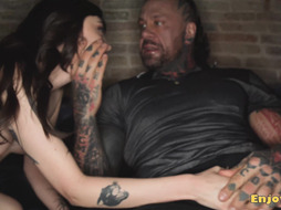 Tattooed dude boinked yummy brunette's hairless pussy, liking every gonzo seconds of it!