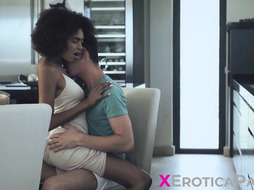 Slim Ebony Luna Corazon seduces her boyfriend into having a sensual morning fuck