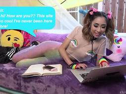 Petite Asian with pigtails likes to give a deep blowjob